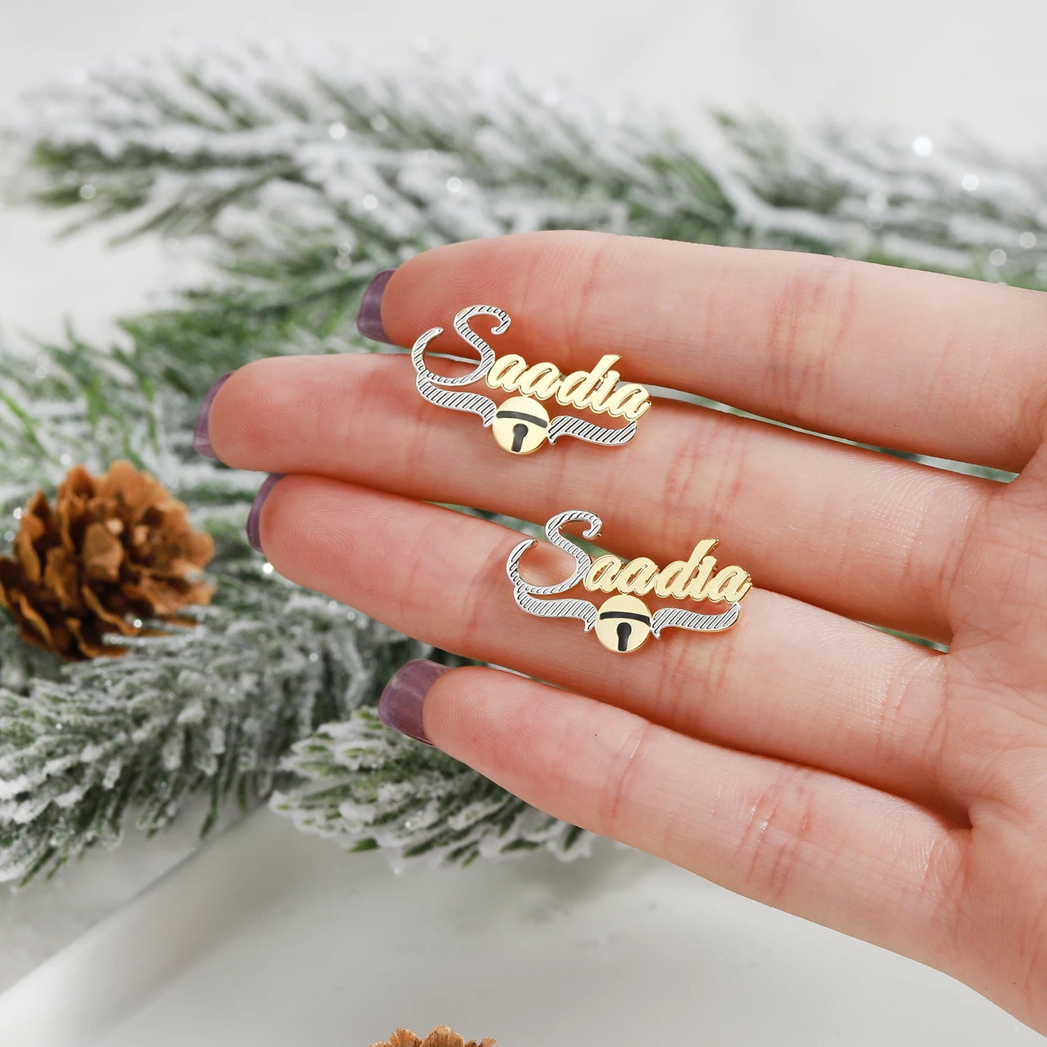 New Customized Christmas Gift Name Studs Gold Plated Two Tones Personalized Name Studs Earrings With Christmas Bell For Women