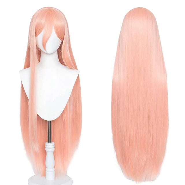 Anime Chainsaw Man Makima Power Cosplay Wig Long Orange Pink Heat Resistant Synthetic Hair Party Role Play Wigs + WigCap + Horns