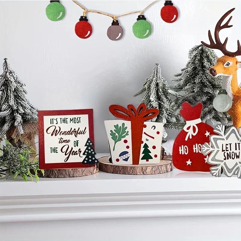 Christmas Tiered Tray Set Wooden Decoration Set Farmhouse Christmas Decor Bell Coffee Cup Snowflake Cookie Wooden Signs