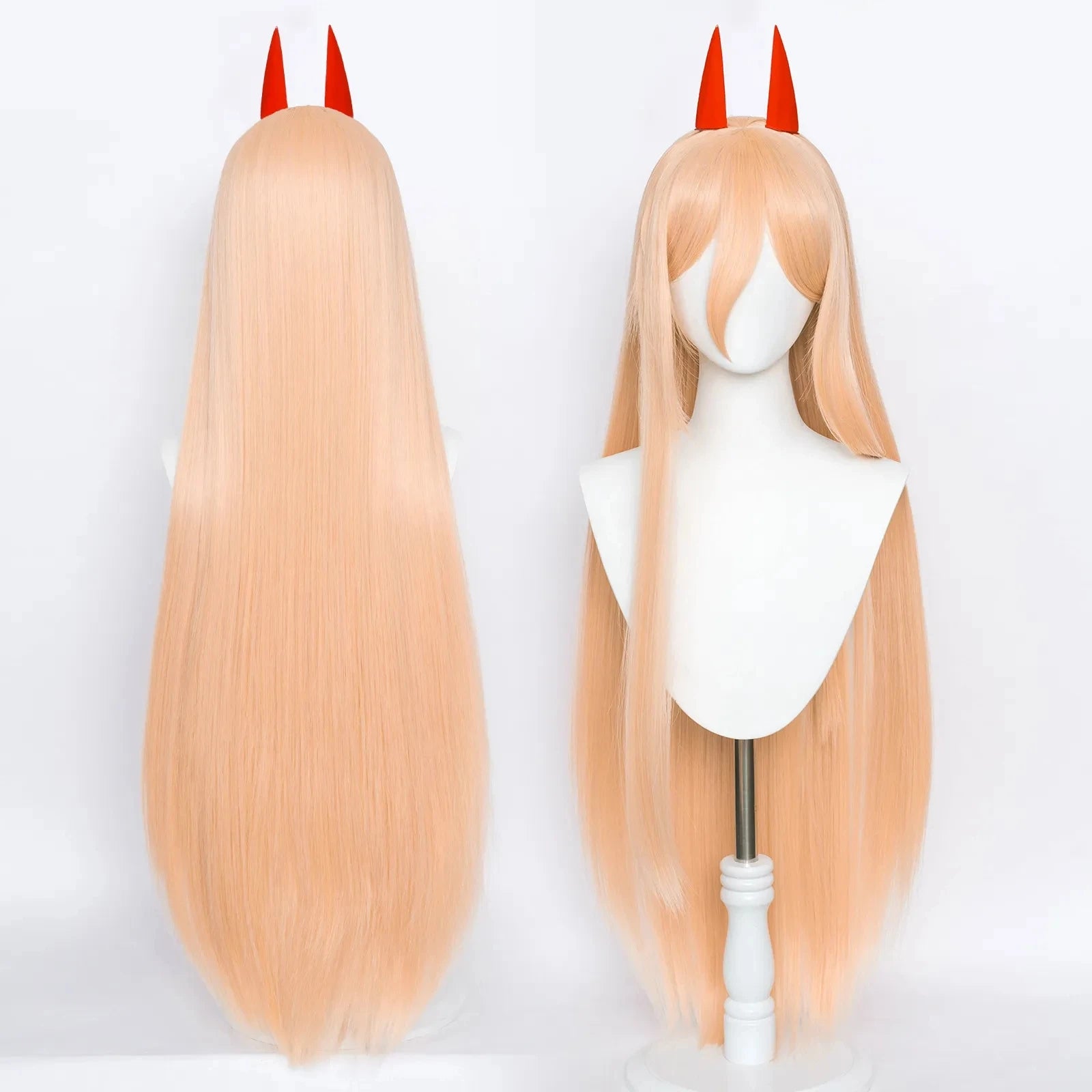 Anime Chainsaw Man Makima Power Cosplay Wig Long Orange Pink Heat Resistant Synthetic Hair Party Role Play Wigs + WigCap + Horns