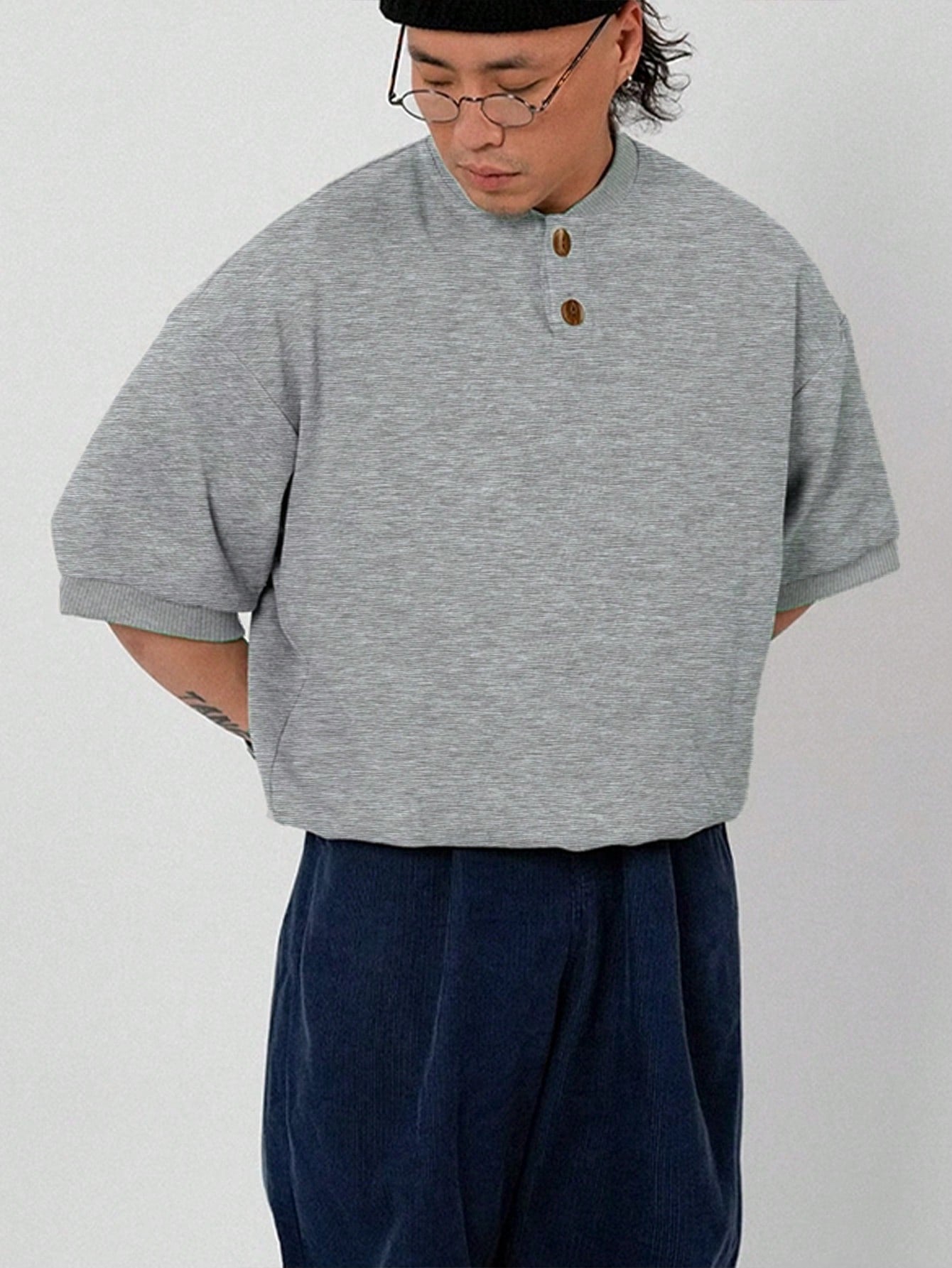 Men Half Button Drop Shoulder Polo Shirt