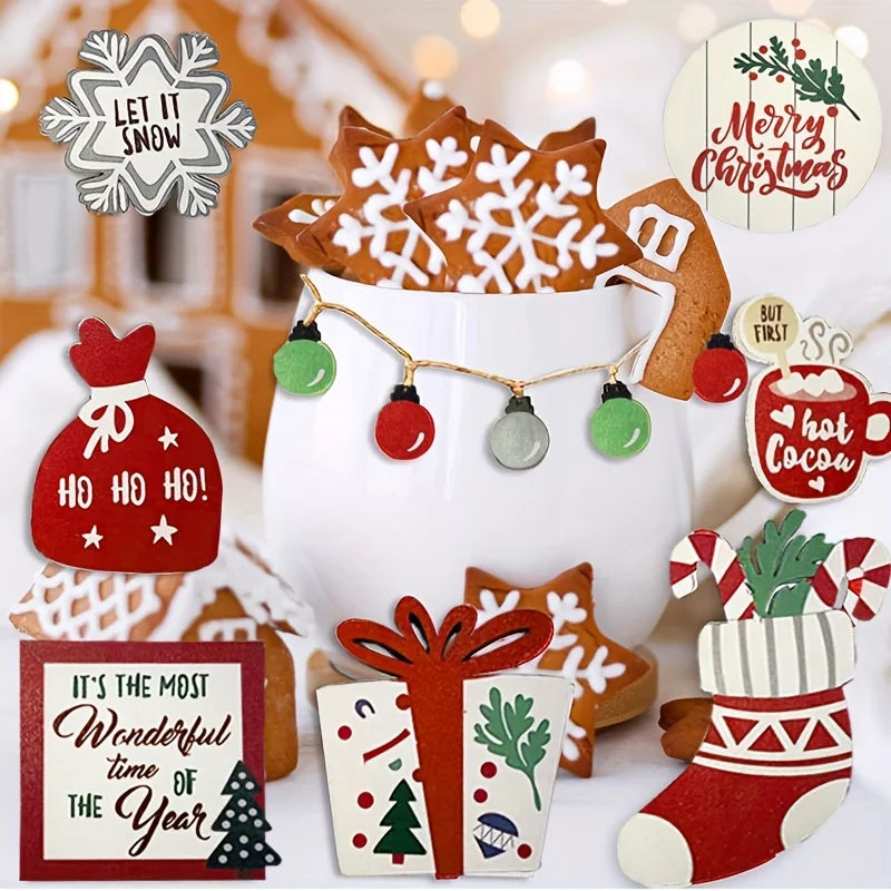 Christmas Tiered Tray Set Wooden Decoration Set Farmhouse Christmas Decor Bell Coffee Cup Snowflake Cookie Wooden Signs