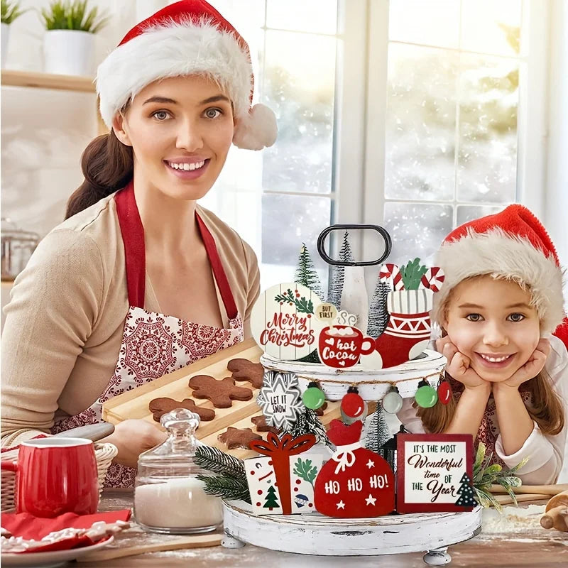 Christmas Tiered Tray Set Wooden Decoration Set Farmhouse Christmas Decor Bell Coffee Cup Snowflake Cookie Wooden Signs