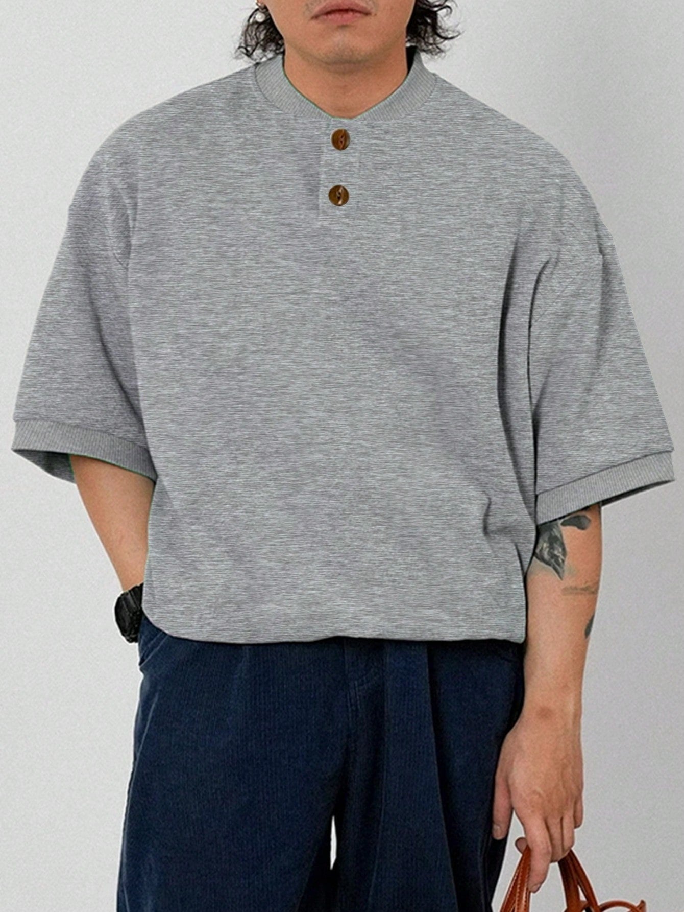 Men Half Button Drop Shoulder Polo Shirt
