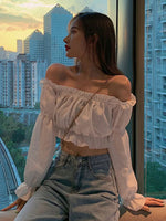 Load image into Gallery viewer, Women Top Sexy Blouse Off Shoulder Top Long Sleeve Solid Color White Shirt Puff Sleeve Ruffle Tunic Crop Top Summer Tube Top
