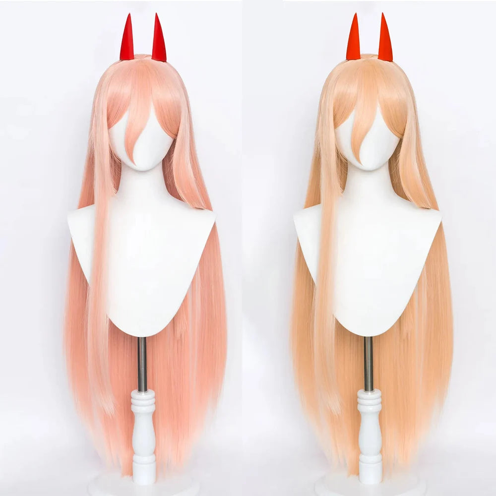 Anime Chainsaw Man Makima Power Cosplay Wig Long Orange Pink Heat Resistant Synthetic Hair Party Role Play Wigs + WigCap + Horns