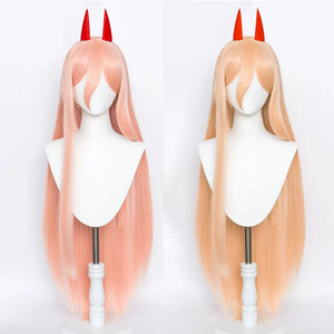 Anime Chainsaw Man Makima Power Cosplay Wig Long Orange Pink Heat Resistant Synthetic Hair Party Role Play Wigs + WigCap + Horns