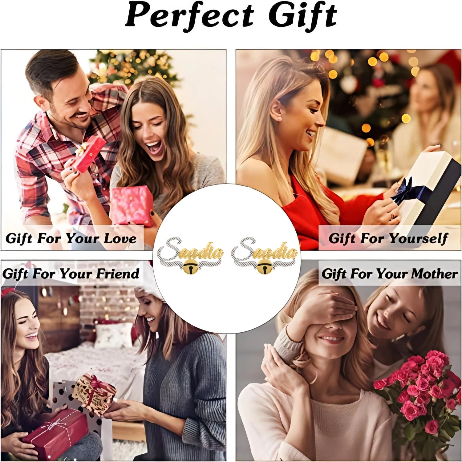 New Customized Christmas Gift Name Studs Gold Plated Two Tones Personalized Name Studs Earrings With Christmas Bell For Women