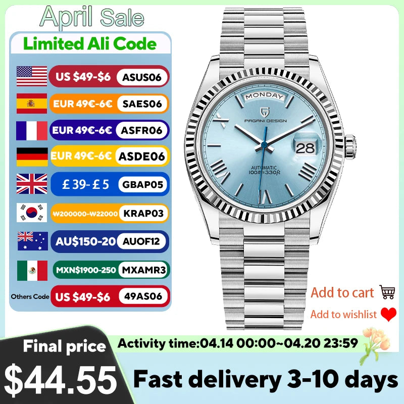 PAGANI DESIGN 2025 New DD36 Men's Watches Top brand Luxury Mechanical Automatic Watch Men AR Sapphire Wristwatch Men 10Bar ST16