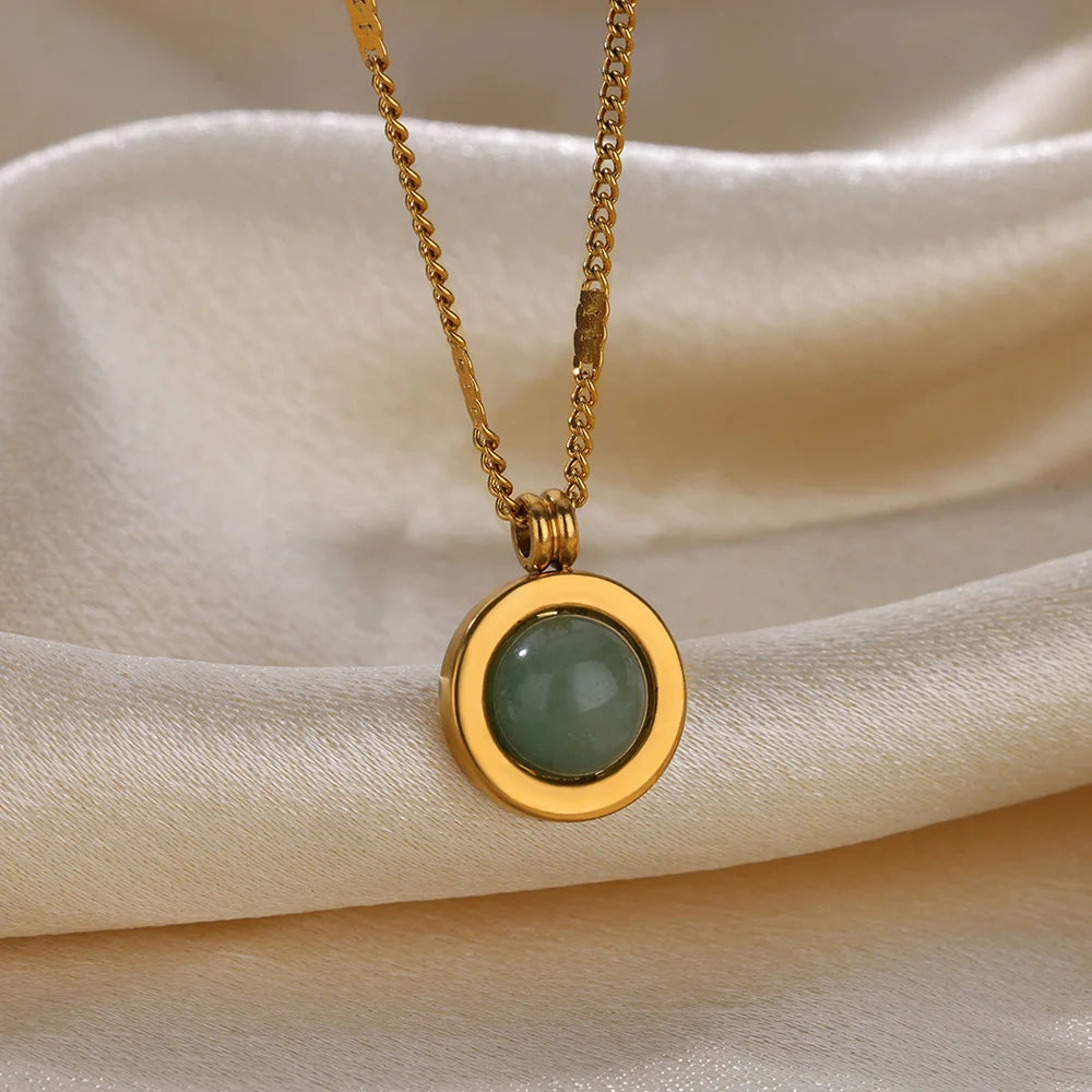 Green Nature Stone Pendant Stainless Steel Necklaces For Women Gold Color Round Stone Necklace Party Wedding Jewelry Gift mujer