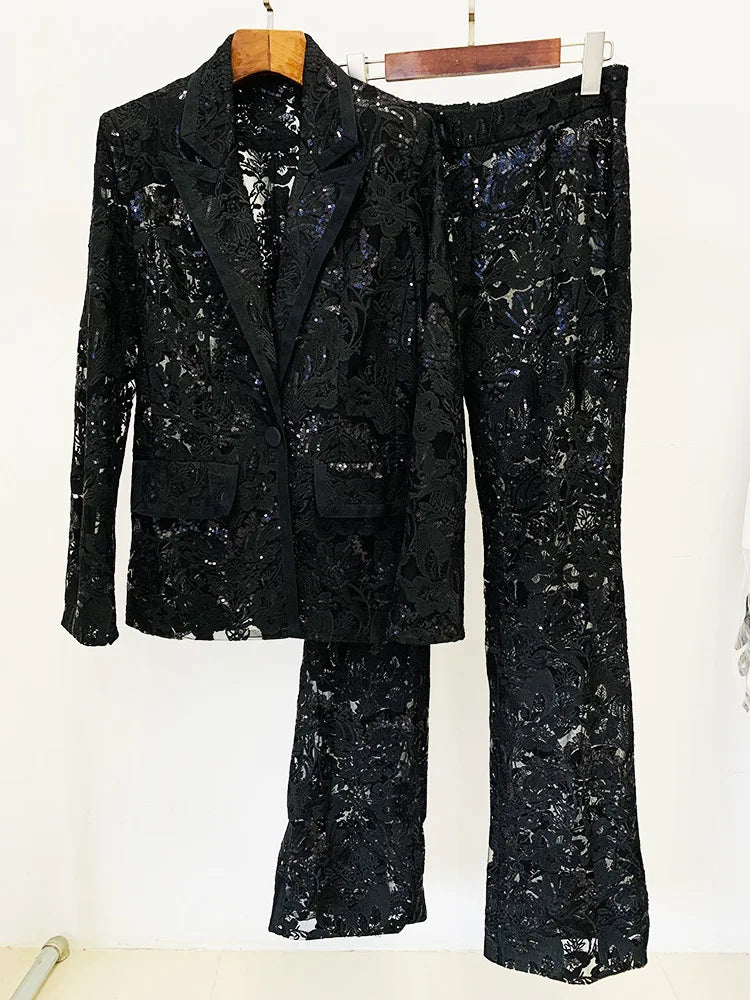 2024 New Arrivals Spring Women's Suits High Quality Luxury Lace Hollow Out Casual Pants Suit Set