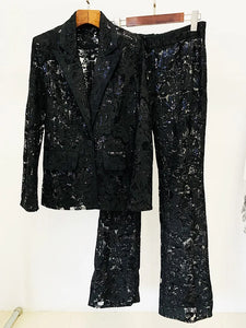 2024 New Arrivals Spring Women's Suits High Quality Luxury Lace Hollow Out Casual Pants Suit Set