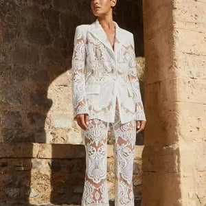 2024 New Arrivals Spring Women's Suits High Quality Luxury Lace Hollow Out Casual Pants Suit Set