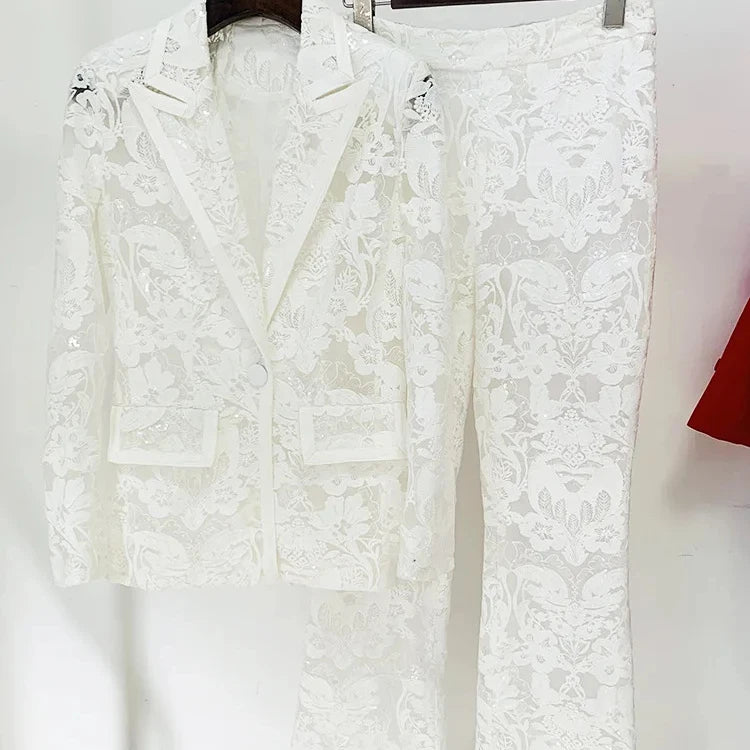2024 New Arrivals Spring Women's Suits High Quality Luxury Lace Hollow Out Casual Pants Suit Set