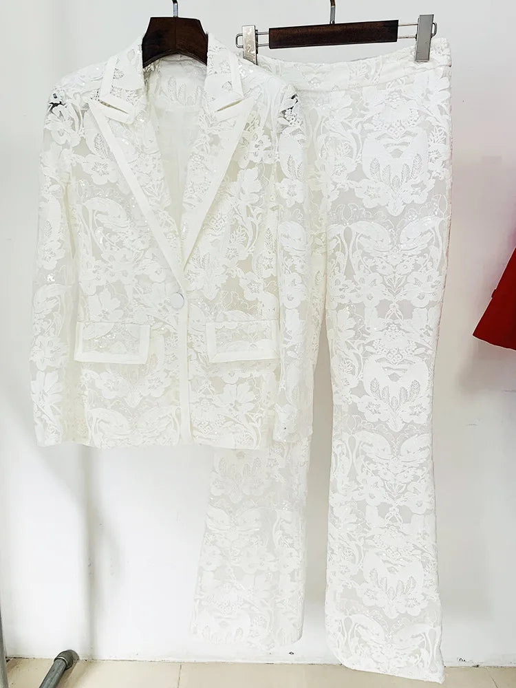 2024 New Arrivals Spring Women's Suits High Quality Luxury Lace Hollow Out Casual Pants Suit Set