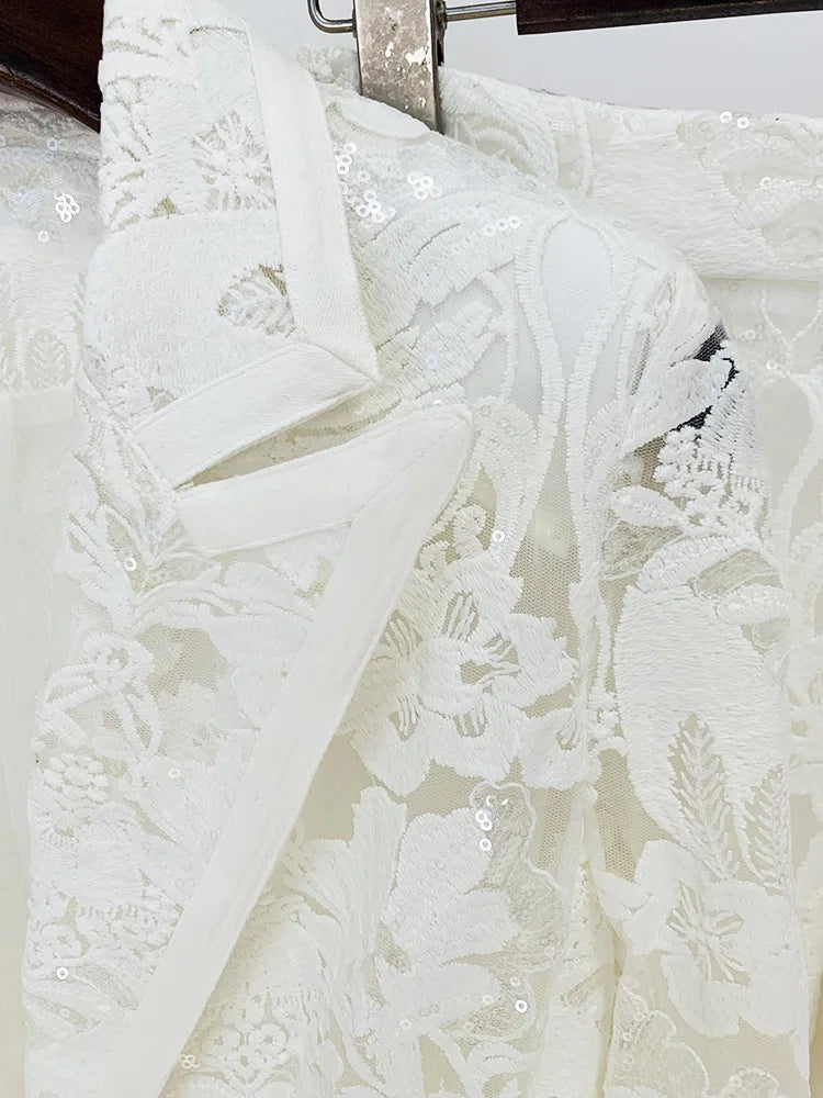 2024 New Arrivals Spring Women's Suits High Quality Luxury Lace Hollow Out Casual Pants Suit Set
