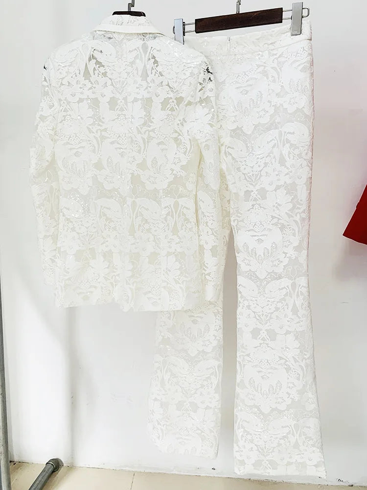 2024 New Arrivals Spring Women's Suits High Quality Luxury Lace Hollow Out Casual Pants Suit Set