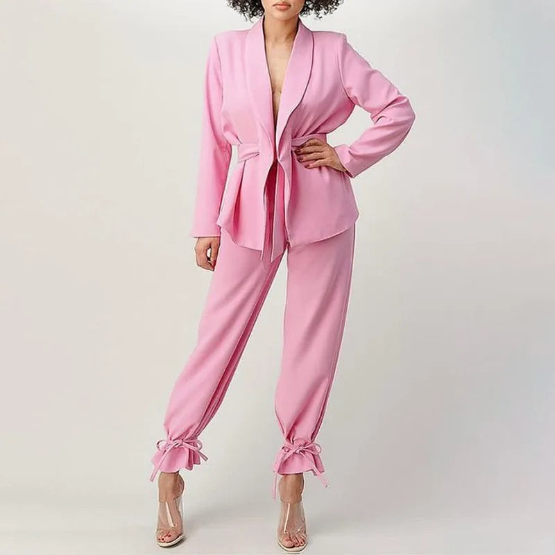 OUDINA Best Sale Fashion Solid Color Casual Two Piece Blazer Suits Blazers Ladies 2 Piece Pant Set Women