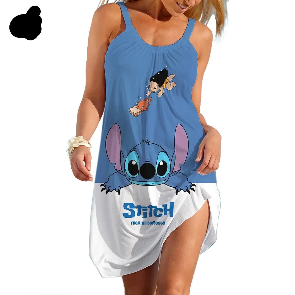 New Summer Girls Disney Stitch Women Fashion Sling Dress Women Sexy Loose Seaside Beach Clothing Cool Sleeveless Dress Quick Dry