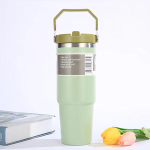 Portable Car Cup Stainless Steel Thermos Cup with Straw & Handle Double Walled Travel Sports Water Bottle Coffee Vacuum Flask