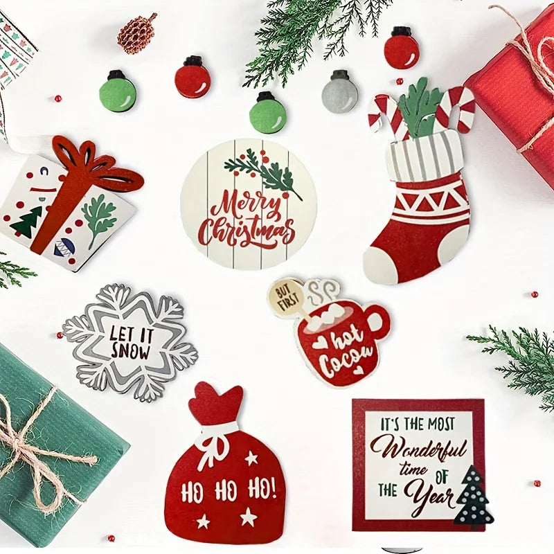Christmas Tiered Tray Set Wooden Decoration Set Farmhouse Christmas Decor Bell Coffee Cup Snowflake Cookie Wooden Signs