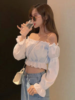 Load image into Gallery viewer, Women Top Sexy Blouse Off Shoulder Top Long Sleeve Solid Color White Shirt Puff Sleeve Ruffle Tunic Crop Top Summer Tube Top
