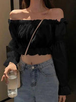 Load image into Gallery viewer, Women Top Sexy Blouse Off Shoulder Top Long Sleeve Solid Color White Shirt Puff Sleeve Ruffle Tunic Crop Top Summer Tube Top
