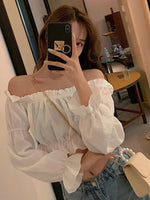 Load image into Gallery viewer, Women Top Sexy Blouse Off Shoulder Top Long Sleeve Solid Color White Shirt Puff Sleeve Ruffle Tunic Crop Top Summer Tube Top
