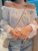 Load image into Gallery viewer, Women Top Sexy Blouse Off Shoulder Top Long Sleeve Solid Color White Shirt Puff Sleeve Ruffle Tunic Crop Top Summer Tube Top

