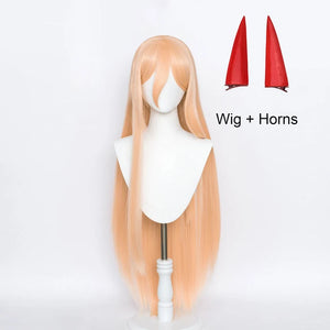 Anime Chainsaw Man Makima Power Cosplay Wig Long Orange Pink Heat Resistant Synthetic Hair Party Role Play Wigs + WigCap + Horns