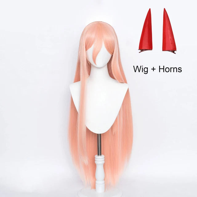 Anime Chainsaw Man Makima Power Cosplay Wig Long Orange Pink Heat Resistant Synthetic Hair Party Role Play Wigs + WigCap + Horns