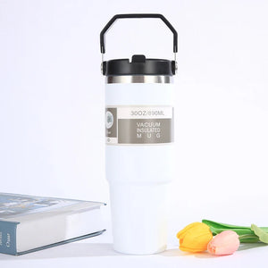 Portable Car Cup Stainless Steel Thermos Cup with Straw & Handle Double Walled Travel Sports Water Bottle Coffee Vacuum Flask