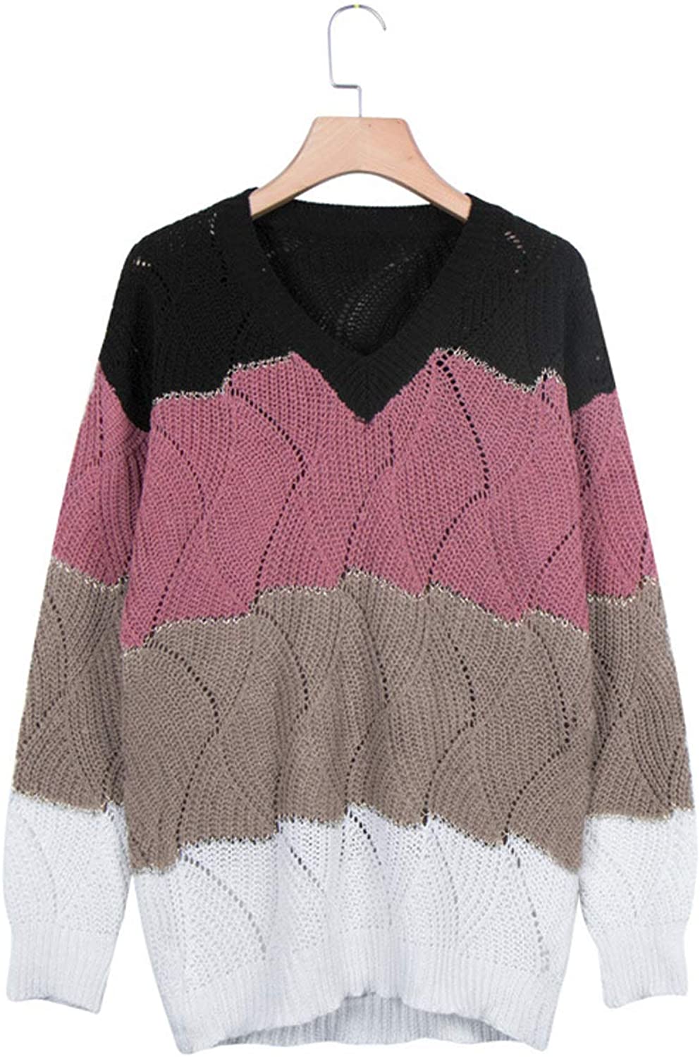 CANIKAT Women's Crewneck Color Block Striped Sweater Long Sleeve Loose Knit Pullover Jumper Tops