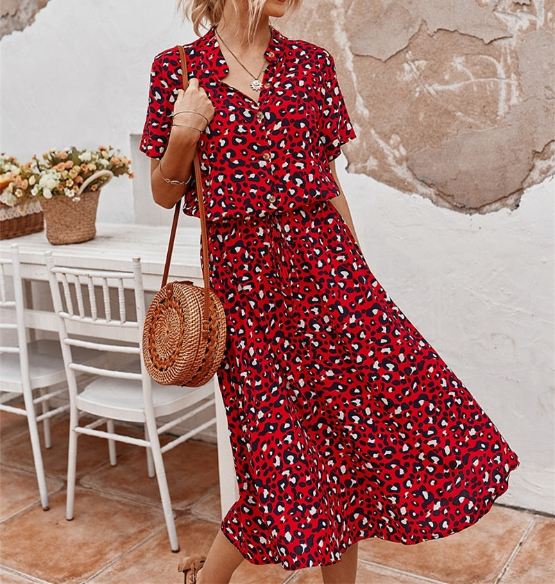 Ladies Bohemian Leopard Print Shirt Dress Women Casual Midi Holiday Summer Dress Female A line Loose Women Beach Dress Vestidos|Dresses|