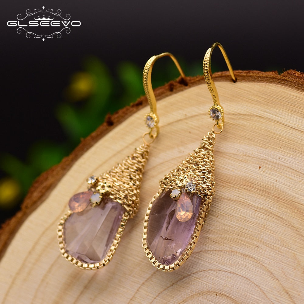 GLSEEVO Natural Ore Pink Crystal Dangle Earrings Hook Women Handmade Luxury Jewelry Boucles D'Oreilles Pour Les Femmes GE0313