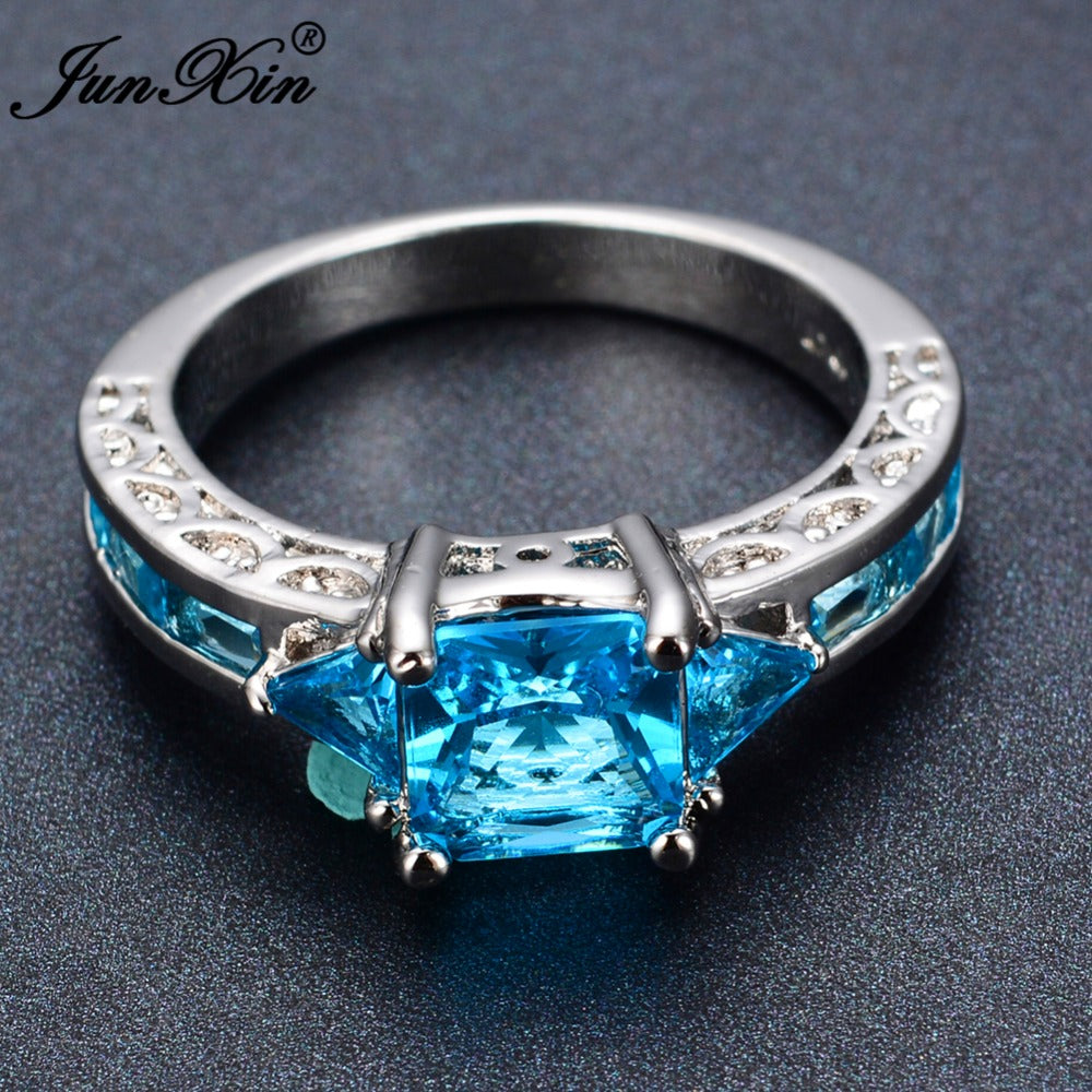 JUNXIN New Fashion Geometric Ring Women Light Blue 10KT White Gold Ring Promise Engagement Rings Gifts For Girlfriend