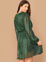 Load image into Gallery viewer,  Plus Lantern Sleeve Surplice Neck Belted Metallic Dress
