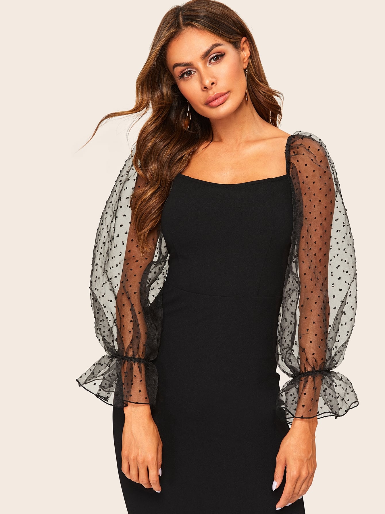  Dot Mesh Flounce Lantern Sleeve Pencil Dress