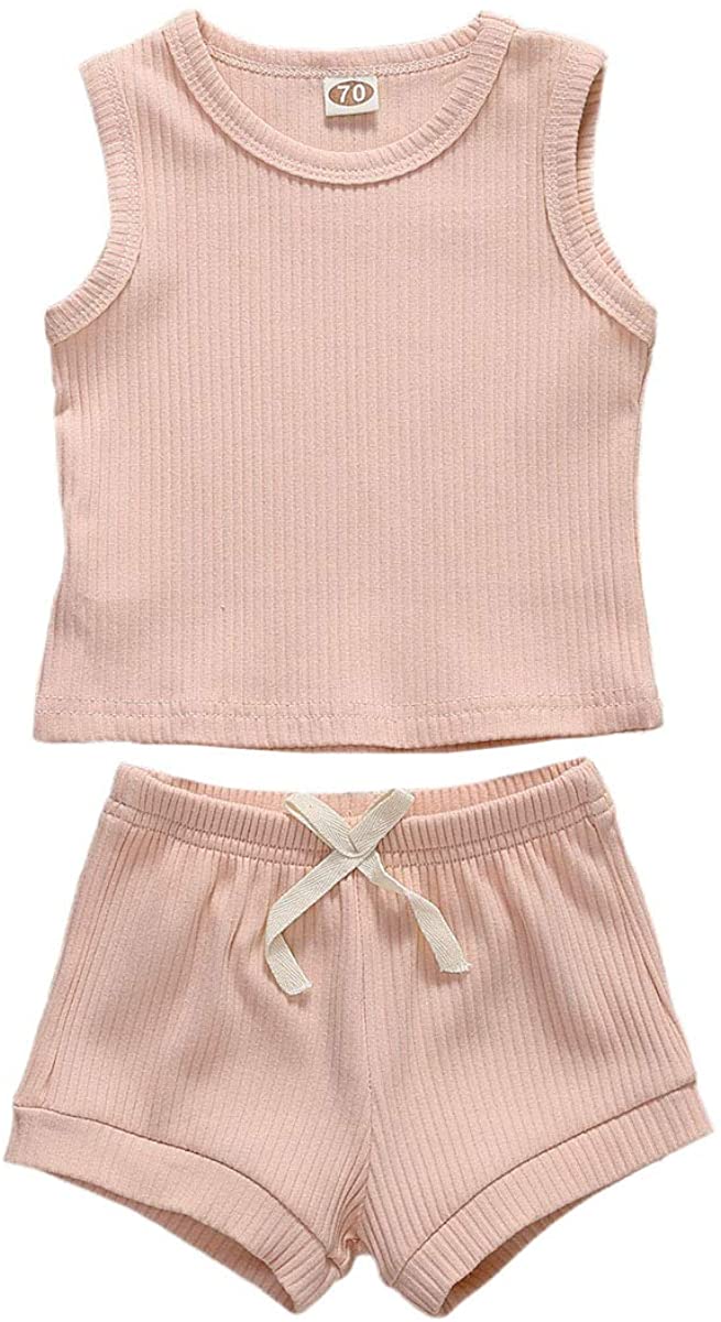 Newborn Baby Boys Girls Summer Outfits Infant Ribbed Knitted Cotton Short Sleeve T-Shirt + Shorts Two Piece Clothes Set