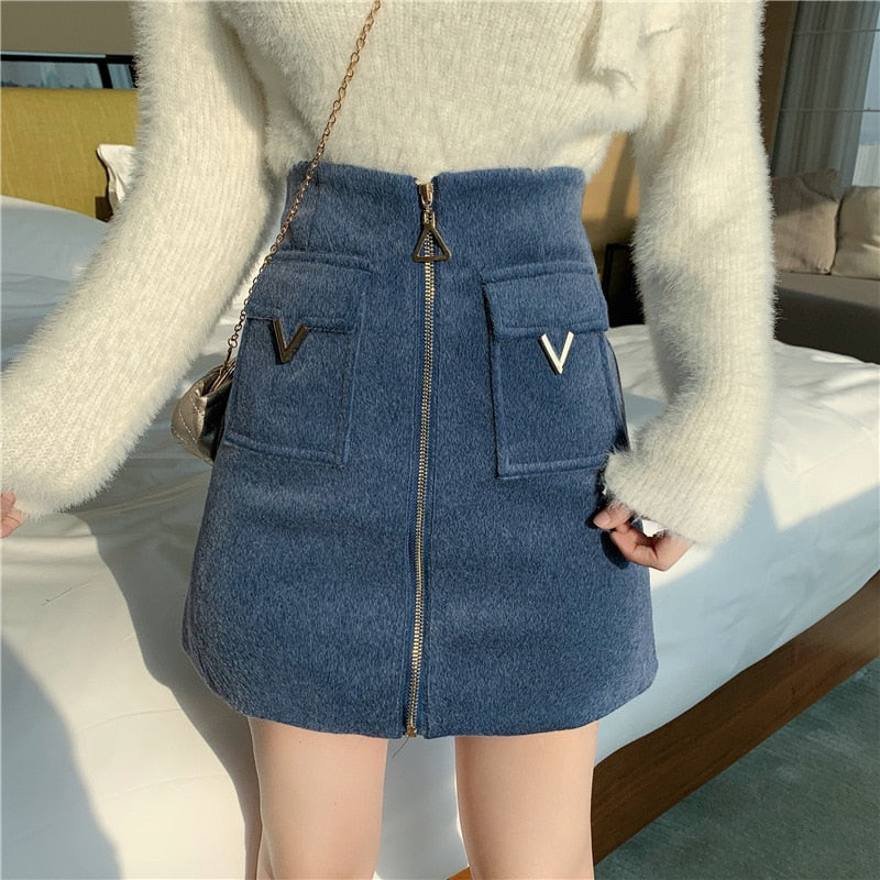 EACHIN Women High Waist Tweed Skirt Women Autumn Winter Fashion Front Zip Slim A Line Mini Skirt Female Sexy Korean Bottom Skirt|Skirts