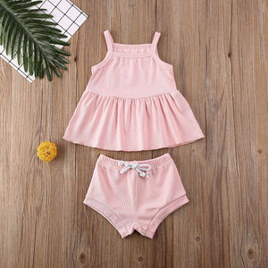 Newborn Baby Boys Girls Summer Outfits Infant Ribbed Knitted Cotton Short Sleeve T-Shirt + Shorts Two Piece Clothes Set