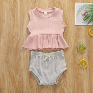 Newborn Baby Boys Girls Summer Outfits Infant Ribbed Knitted Cotton Short Sleeve T-Shirt + Shorts Two Piece Clothes Set