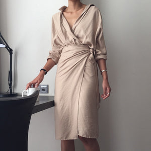 Women New Fashion Casual V Neck Solid Color Loose Long Sleeve Dress 2018