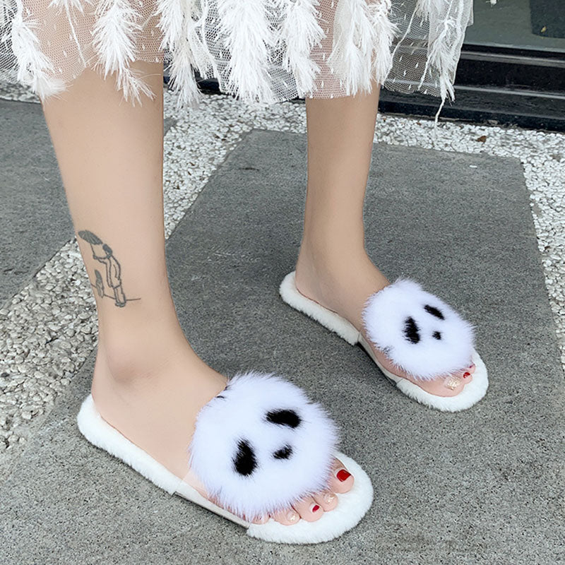 Fur Slippers Women Cartoon panda Fur Slides Home Furry Flat Sandals Female Cute Fluffy House Shoes Woman Brand Luxury 2019