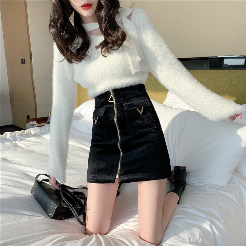 EACHIN Women High Waist Tweed Skirt Women Autumn Winter Fashion Front Zip Slim A Line Mini Skirt Female Sexy Korean Bottom Skirt|Skirts