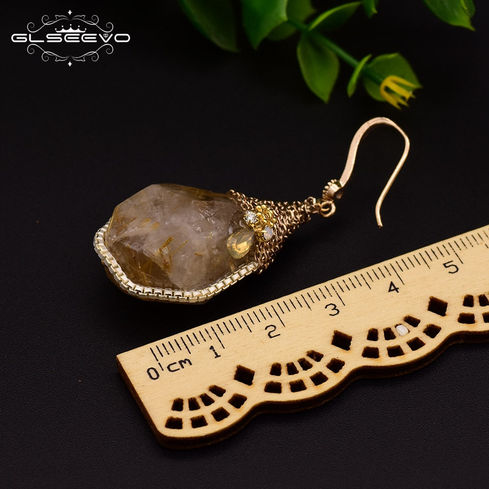 GLSEEVO Natural Ore Pink Crystal Dangle Earrings Hook Women Handmade Luxury Jewelry Boucles D'Oreilles Pour Les Femmes GE0313