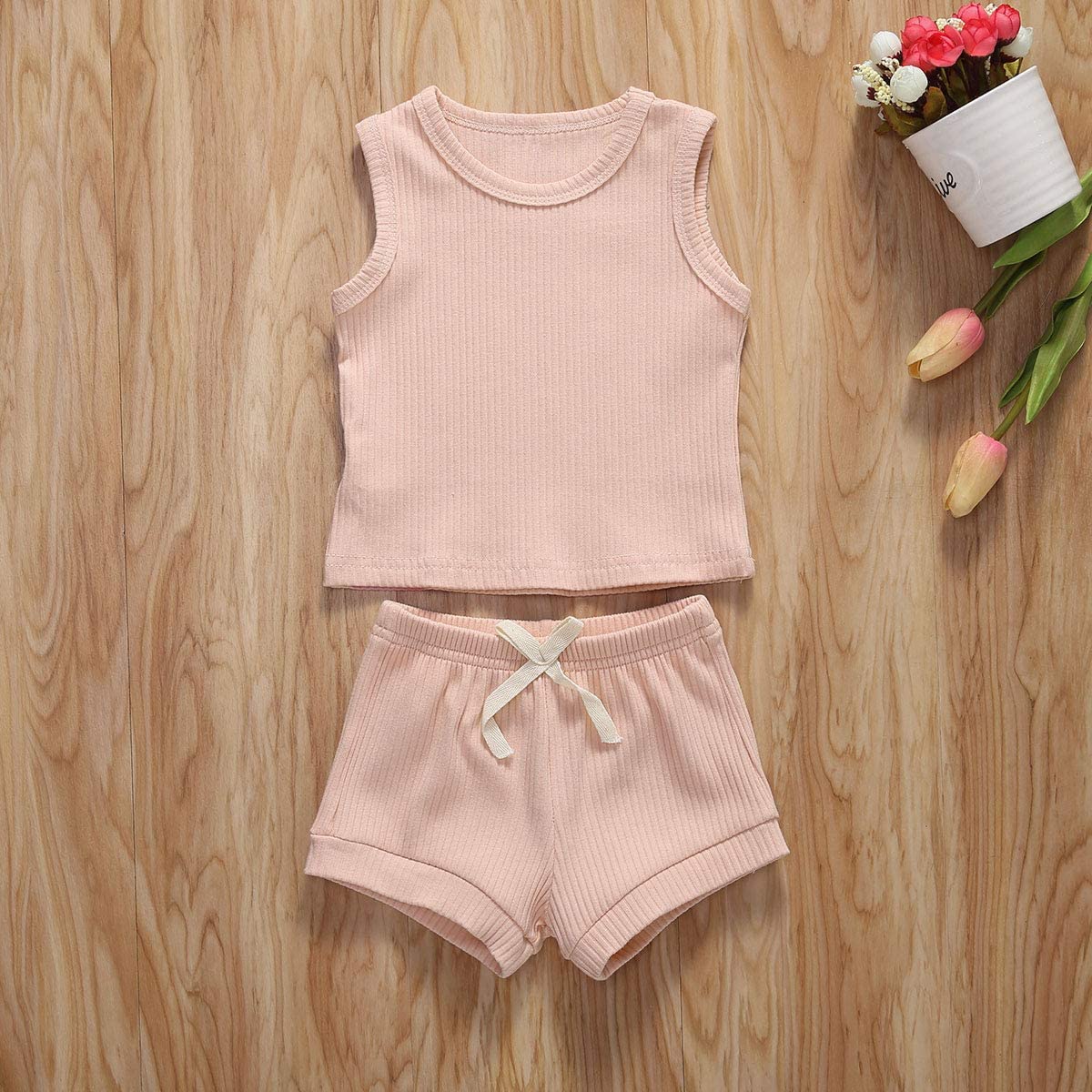 Newborn Baby Boys Girls Summer Outfits Infant Ribbed Knitted Cotton Short Sleeve T-Shirt + Shorts Two Piece Clothes Set