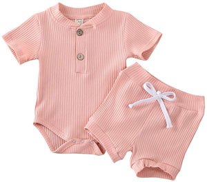 Newborn Baby Boys Girls Summer Outfits Infant Ribbed Knitted Cotton Short Sleeve T-Shirt + Shorts Two Piece Clothes Set