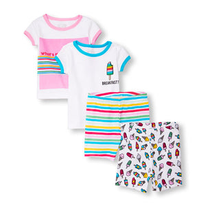 Baby And Toddler Girls Short Sleeve 'What's The Scoop?' Ice Cream Tops And Printed Shorts 4-Piece PJ Set