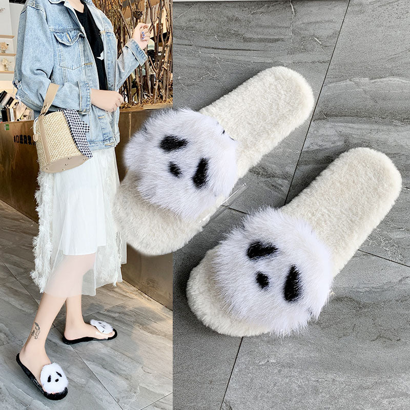 Fur Slippers Women Cartoon panda Fur Slides Home Furry Flat Sandals Female Cute Fluffy House Shoes Woman Brand Luxury 2019